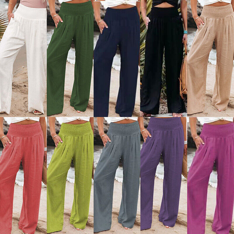 Trousers Leg Women Polyester Elasticated Long Pants Wide Waist Bottoms  Ladies | eBay
