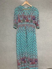 R Vivimos Women Size M Boho Cottage Midi Dress Teal Floral Tassel Peasant Flowy