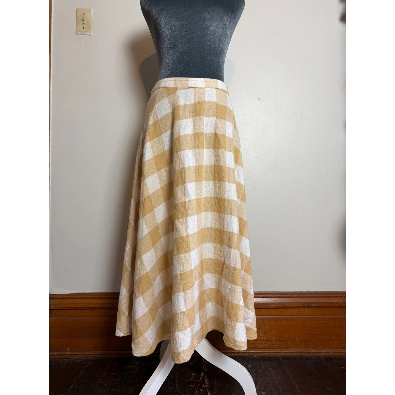 Tan White Gingham Linen Blend Midi A-Line Skirt picnic flowy preppy size 6