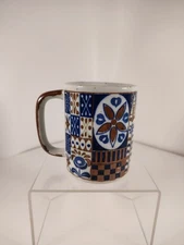 Otagiri Stoneware Floral Tile Girl Ship Woman Japan Coffee Tea Mug  Blue Brown