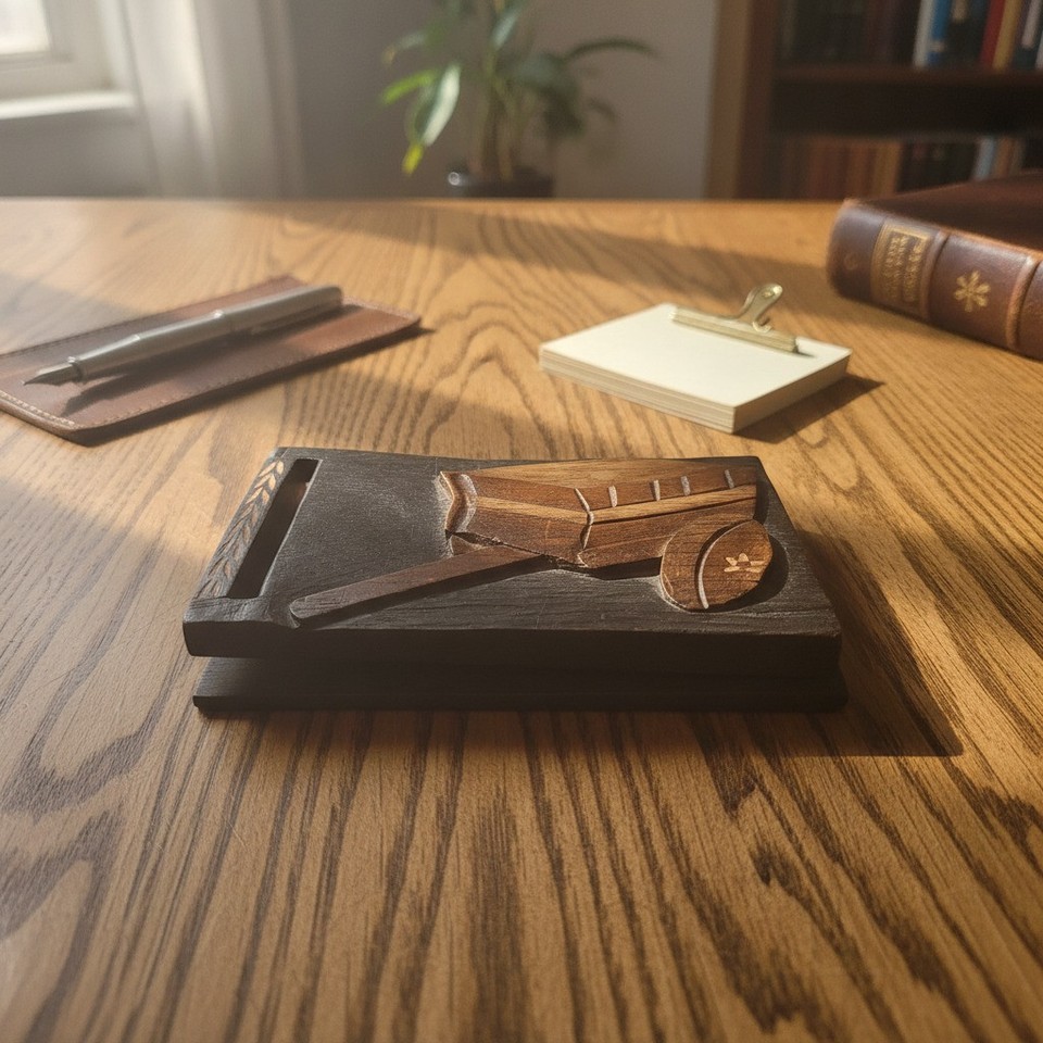 Vintage Wooden Memo Pad Holder Hand Carved Wheelbarrow Folk Art Desk Accessory
