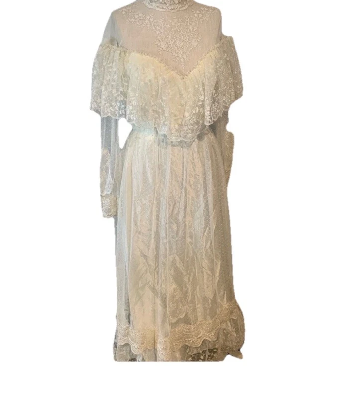Alfred Angelo Vintage 70s Victorian Edwardian Lace Ivory Wedding Dress Prairie - Image 2 of 4
