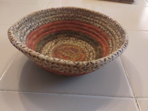 DK Threads Cloth Bowl Handstitched Handmade 7"X2.5" Beige & Redish Green Cotton 
