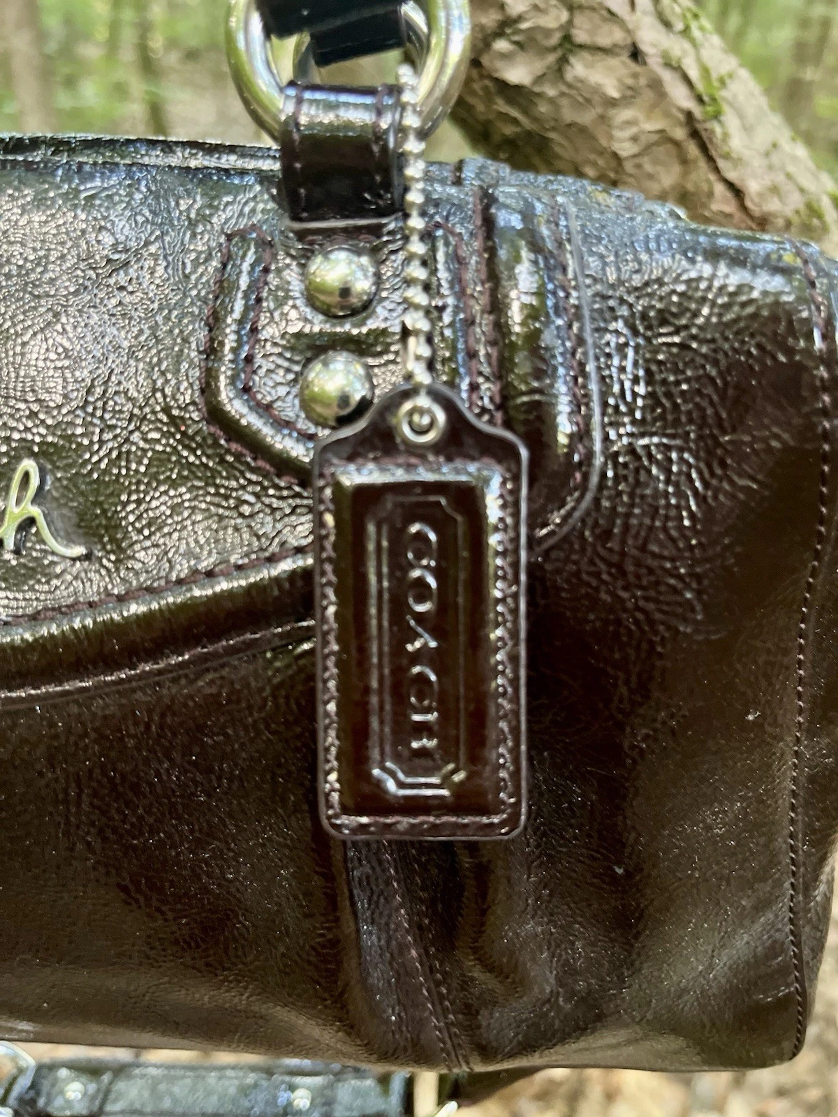 Borsa Coach Ashley in pelle verniciata tracolla mogano marrone cioccolato borsetta