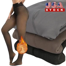 Women Thick Fleece Lined Tights Thermal Pantyhose Fake Sheer Pants Warm Winter