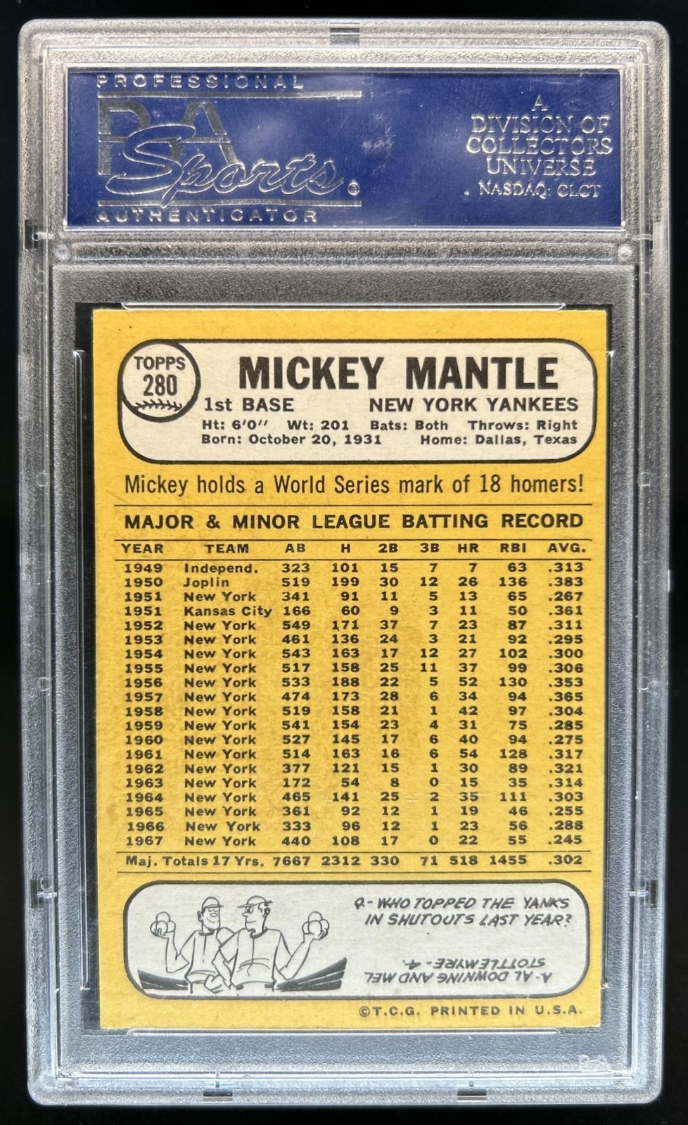 1968 Topps Mickey Mantle #280 New York Yankees PSA 6 view 2