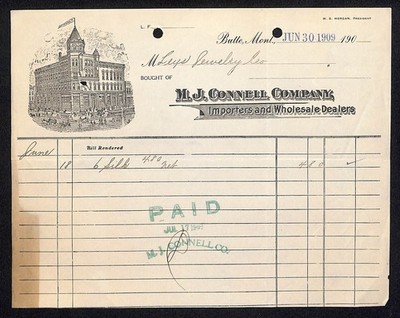 M.J. Connell Co. Butte, MT Importers 1909 Billhead to Christie / Leys Jewelry