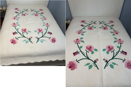 Vtg Set 2 Twin Bed Handmade Quilts Pink Flowers Floral Vine Scalloped Edge 84x66