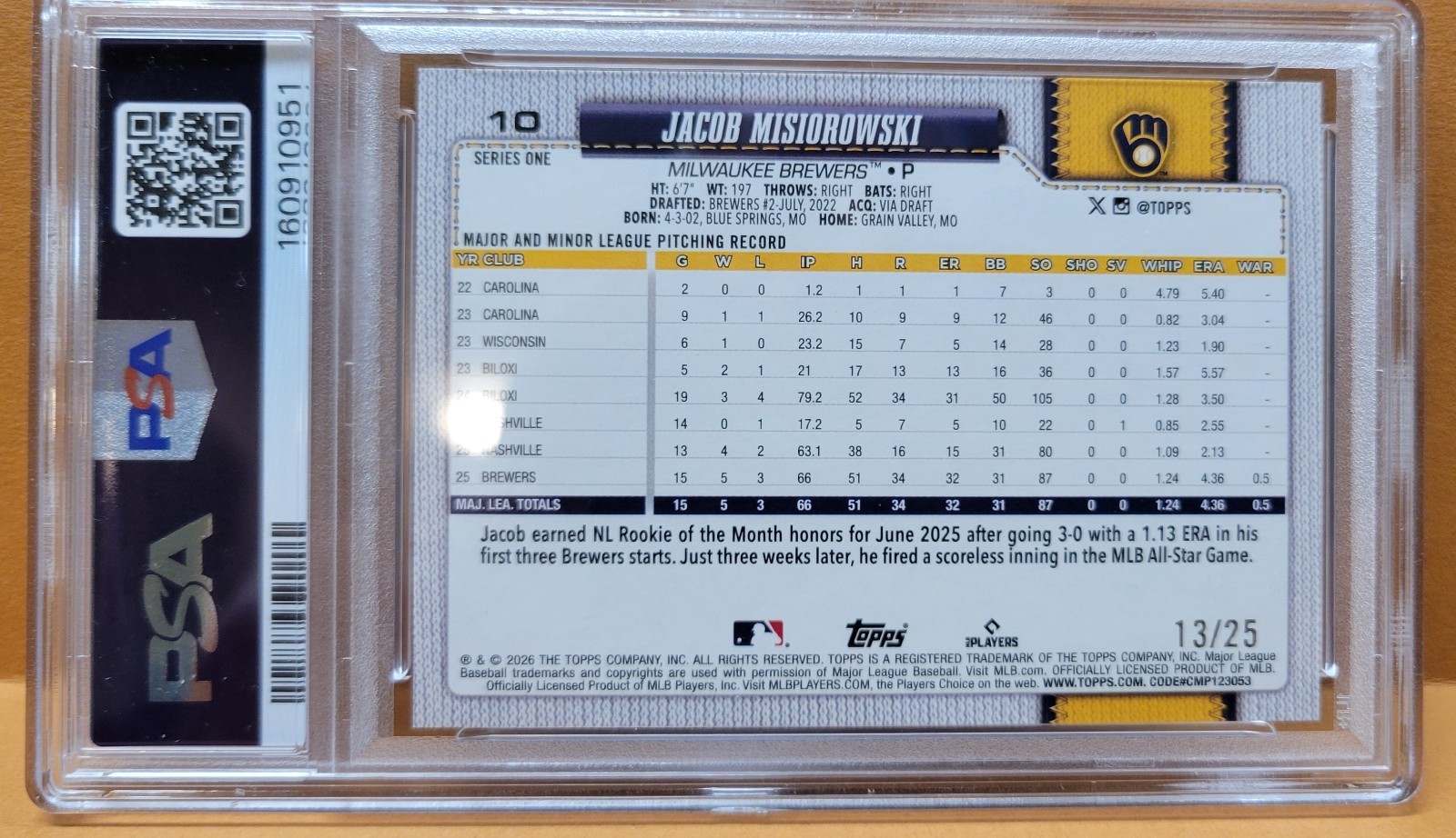 2026 Topps Baseball #10 Jacob Misiorowski Orange Holo Foil PSA 10 Gem Mint 13/25 view 4