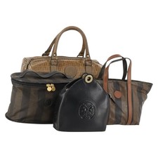 FENDI Zucchino Canvas Pekan Hand Bag 4 Set Brown Black Auth 168826