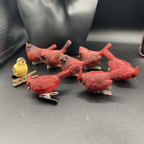 Lot of 7 Resin Cardinal Bird Figurines W Clips/1 Yellow Finch Clip