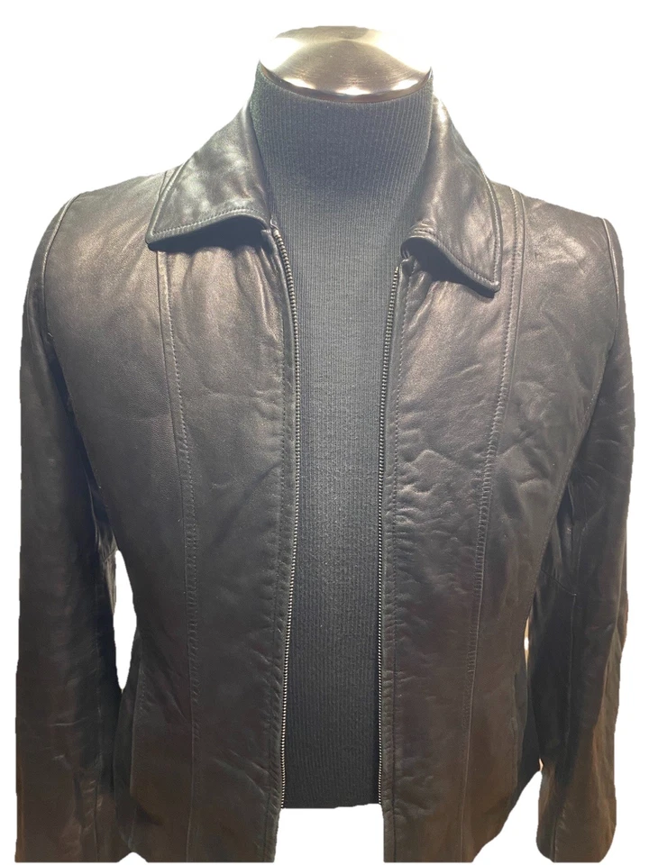 Chaqueta de cuero genuino Liz Claiborne para mujer entrepierna bolsillos laterales cremallera frontal, SP Foto 2 de 4