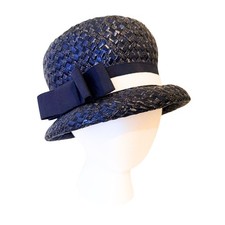 VTG Woven Derby Bowler Church Hat Blue White Bow Union Made in USA Twee Coquette