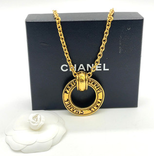 Auth Chanel Logo Round Circle Gold Pendant Necklace 89cm W/Box SK120301