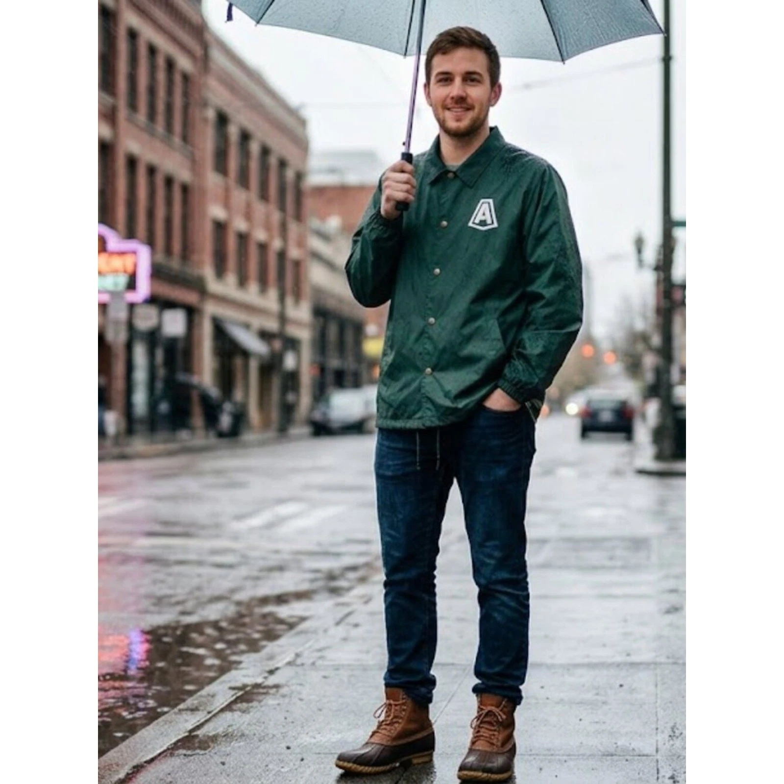 Active USA Dark Green Rain Jacket with White Crest, Size L.