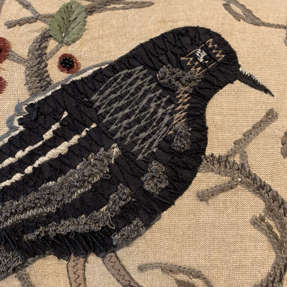 Pottery Barn Crewel Embroider Pillow & Feather Insert Crow Raven Fall Halloween - Image 3 of 4