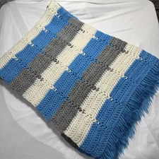 Handmade Crochet Throw Blanket Afghan 39” X 48” Blue Gray Grey White