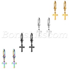 2pcs Men's Womens Punk Hip Hop Stainless Steel Cross Dangle Huggie Hoop Earrings