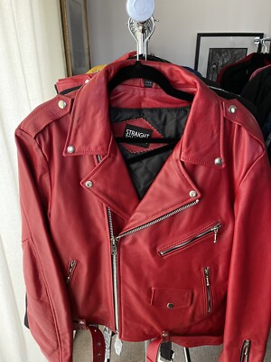 Straight to Hell Red Leather Biker Jacket Size 46