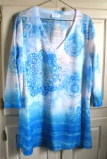Time and True Women's TOP w bling SZ M(8-10) 3/4 sleeve AQUA BLUE & White NWT