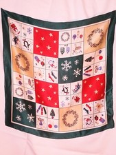 Vtg Christmas Silk Scarf Angels Reindeer Snowflakes Stars Stockings 20x20"
