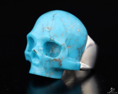 Ring #7 Turquoise Carved Crystal Skull Ring, 925 Sterling
