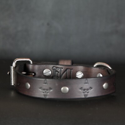 Skull Leather Dog Collar. 1 inch Wide.  Studded. Antique Black