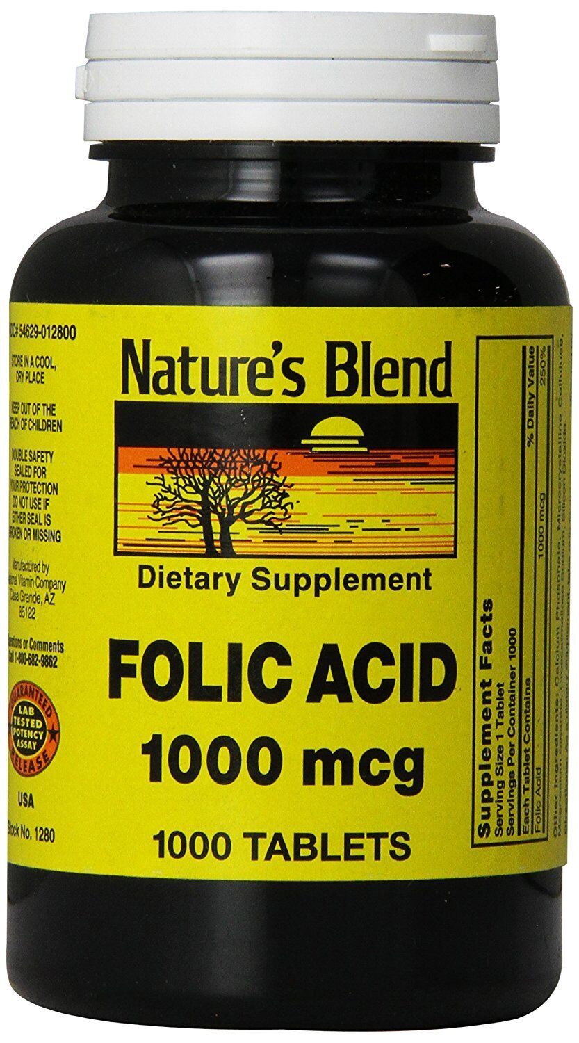 Nature's Blend Folic Acid 1000 mcg ( 1mg ) 1000 Tabs  FRESH PHARMACY STOCK! 