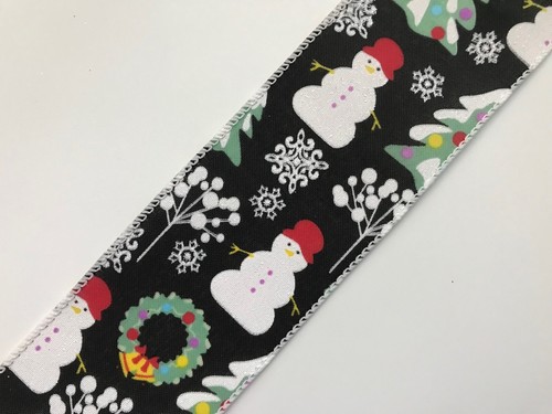 Multicolor Christmas Ribbon, Snowmen Wreaths , 2 1/2" Wide, Wired Edge, 5 YARDS - Picture 2 of 5