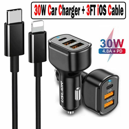 Adaptador de alimentación de coche cargador tipo C + cable iOS para iPhone 14 13 12 Pro Max XR eBay