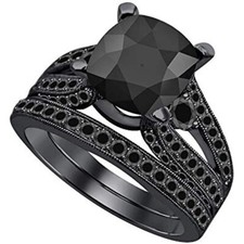 2Ct Cushion Cut Lab-Created Diamond Wedding Bridal Ring Set 14K Black Gold Over