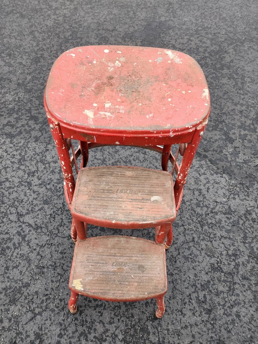 VTG Cosco Kitchen Step Stool Ladder All Metal Seat Easy Fold Out Red Plus  Paint