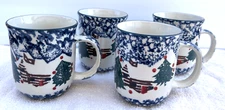 Set Of 4 Tienshan Folk Craft Cabin In The Snow Mugs Cups 3 7/8" Christmas