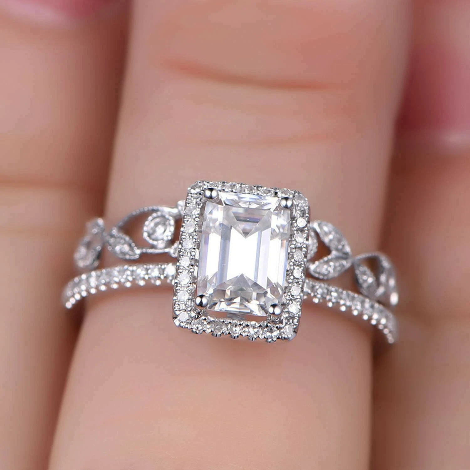 2 Ct Radiant & Round Cut Simulated Diamond Bridal Ring Set 14K White Gold Finish