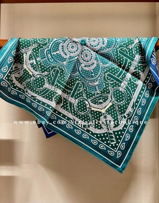 Sallys Quality 16 Momme Jacquard Twill Silk Chains Print 2 Face Scarf 65cm Blue