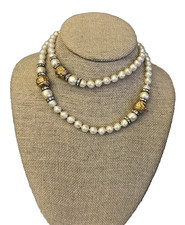 Vintage Freshwater Pearl Necklace 29" Knotted Opera Length Goldtone Bead Accents