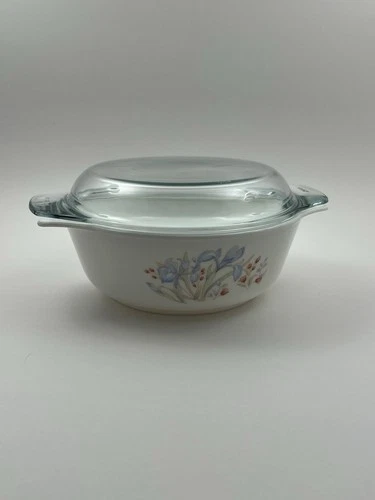 Vintage Pyrex England Blue Iris Casserole, 8” with Original Lid