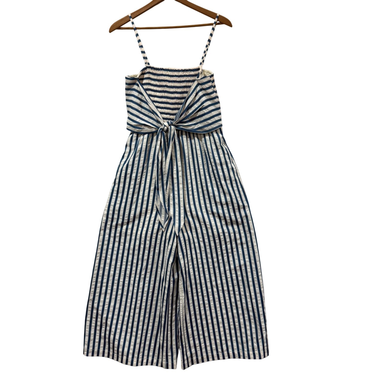 Doe and Rae Navy White Striped Smocked Wide Leg Jumpsuit Small Front Tie Cropped