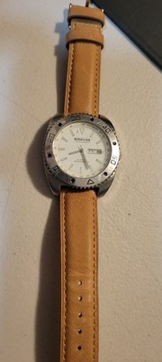 Magellan Quartz Wristwatch Silver Case White Dial Brown Leather Strap Water-Res 
