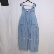 VEVERET Denim Pinafore Dress Womens Large Blue Raw Hem Tiered Boho Maxi Overall