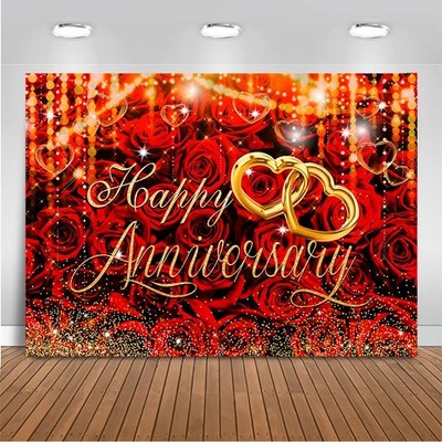 Happy Anniversary Backdrop 7x5ft Red Rose Floral Gold Bokeh Heart Background