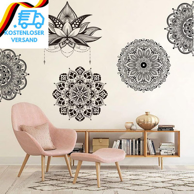 Runtoo Wandtattoo Mandala Groß Wandsticker Boho Blumen Lotus Schwarz Wandaufkleb