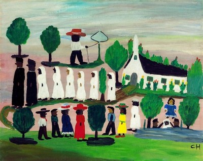Clementine Hunter (Handmade) Signed Oil Painting on Canvas 16x24 in Naive Art