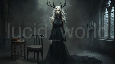 Gothic Queen with Antlers Digital Image Dark Academia Decor Ethereal Stock Art