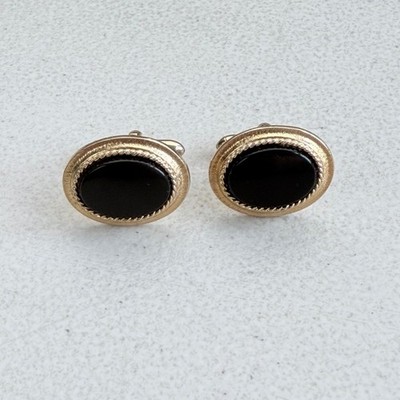 Vintage Black Onyx Oval Cuff Links 1960s Gold Tone Metal Bullet Cufflinks