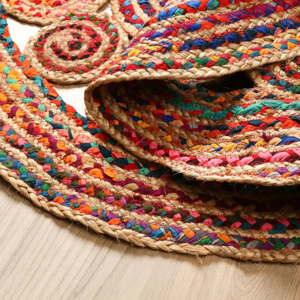 Round Rug Design Jute & Cotton Carpet Handmade Living Area Dinning Room Rugs - Image 4 of 4