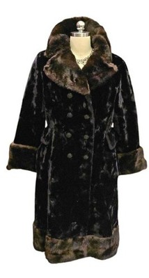VINTAGE 1960S 1970S BORGAZIA BLACK FAUX FUR COAT W LUXURIOUS TRIM  BUTTONS