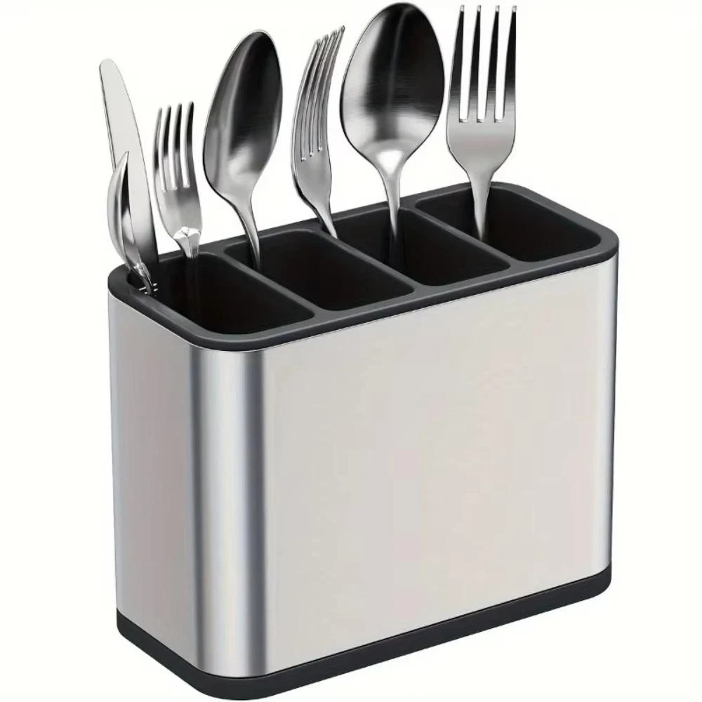 Stainless Steel Kitchen Utensil Holder W/ Divider Drip Tray Cutlery Organizer