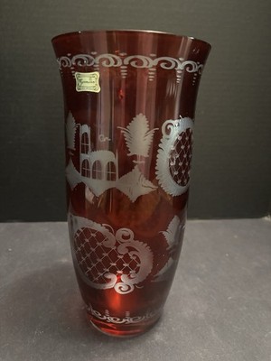 Vintage Egermann Bohemian Ruby Red VASE Cut to Clear Etched Glass 10'' w/ Label