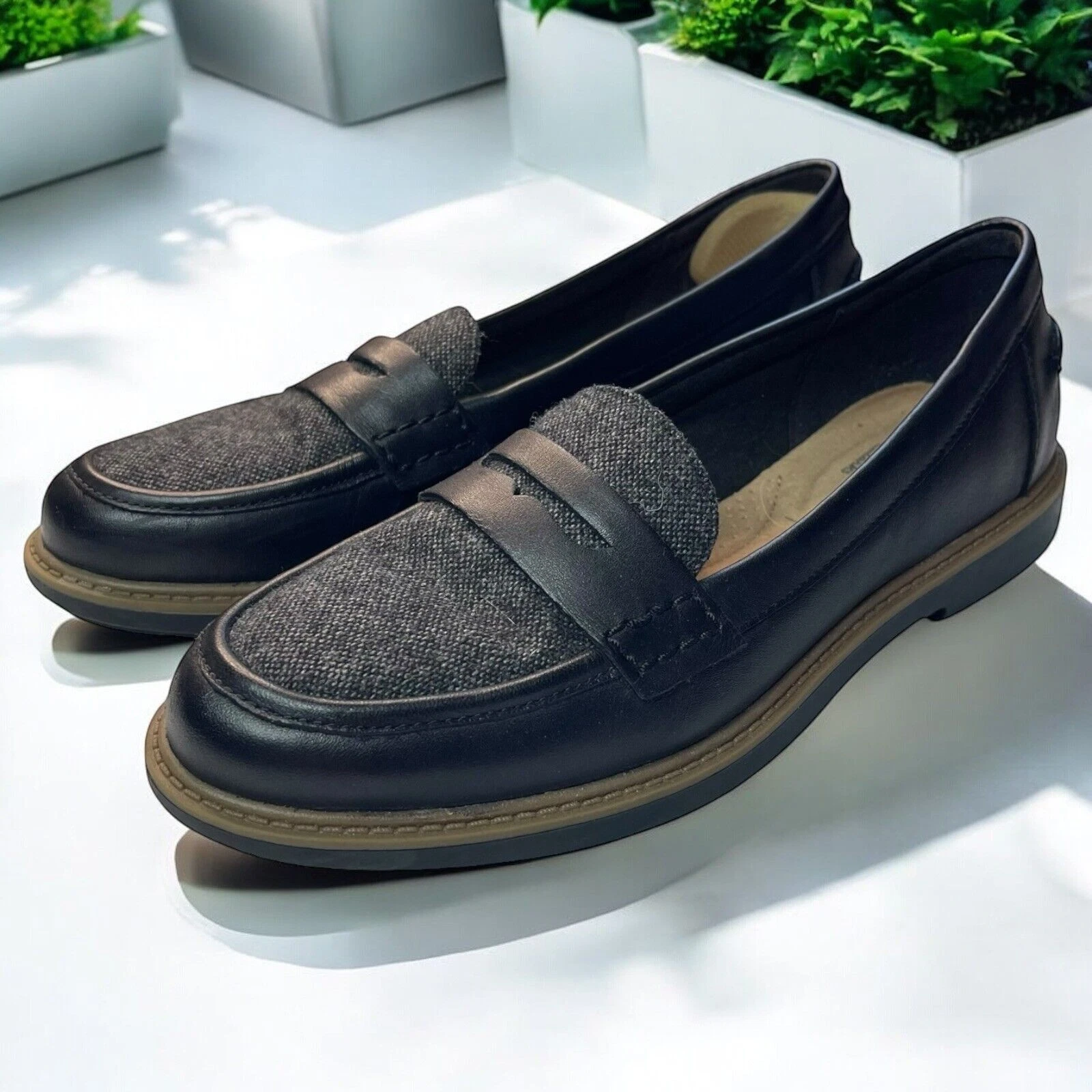 Mocassini Clarks Raisie Eletta Penny da donna taglia 6 5 neri in pelle e tweed con accento